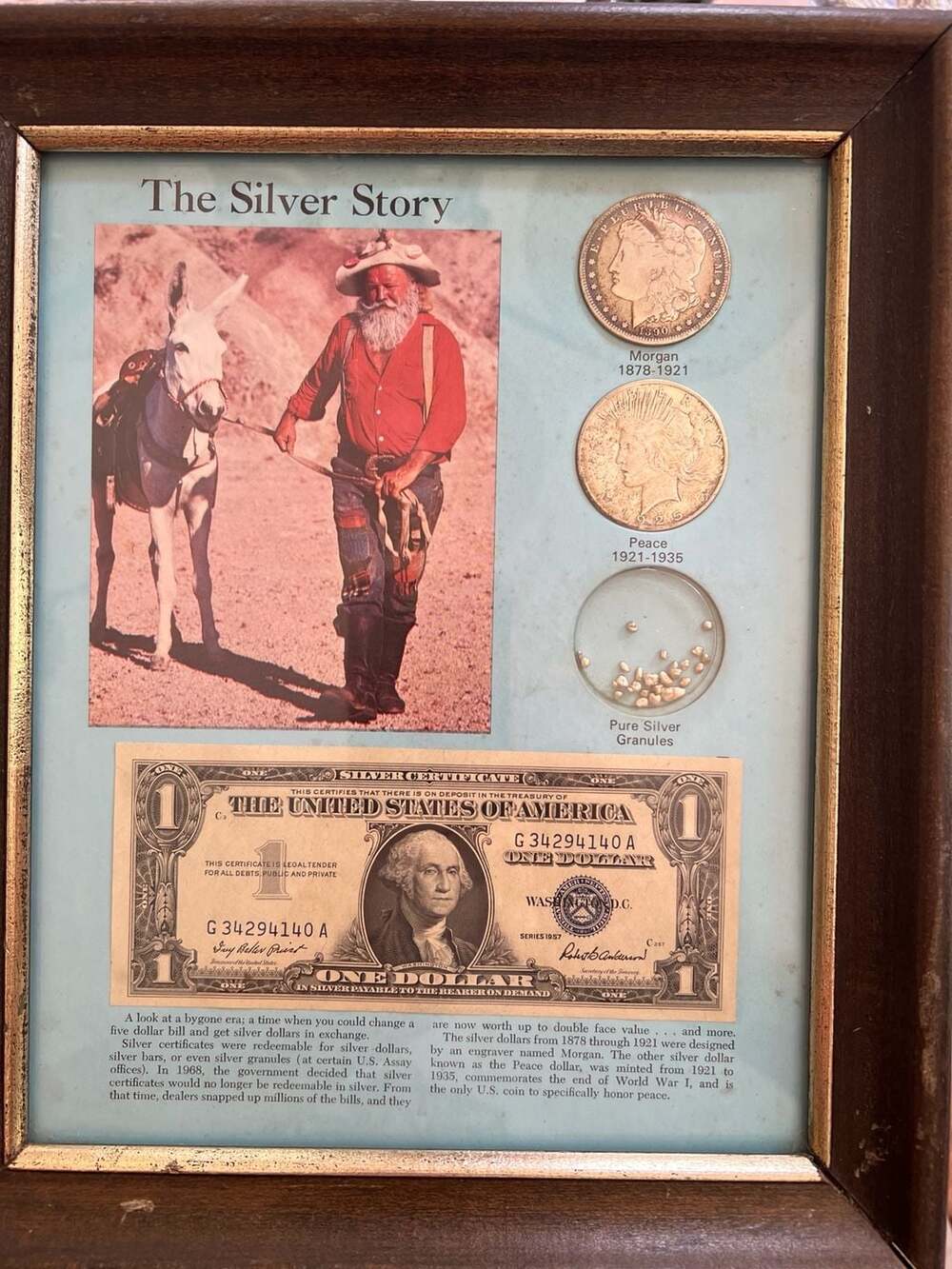 The Silver Story Framed Display with Morgan Dollar, Peace Dollar, Silver Certifi